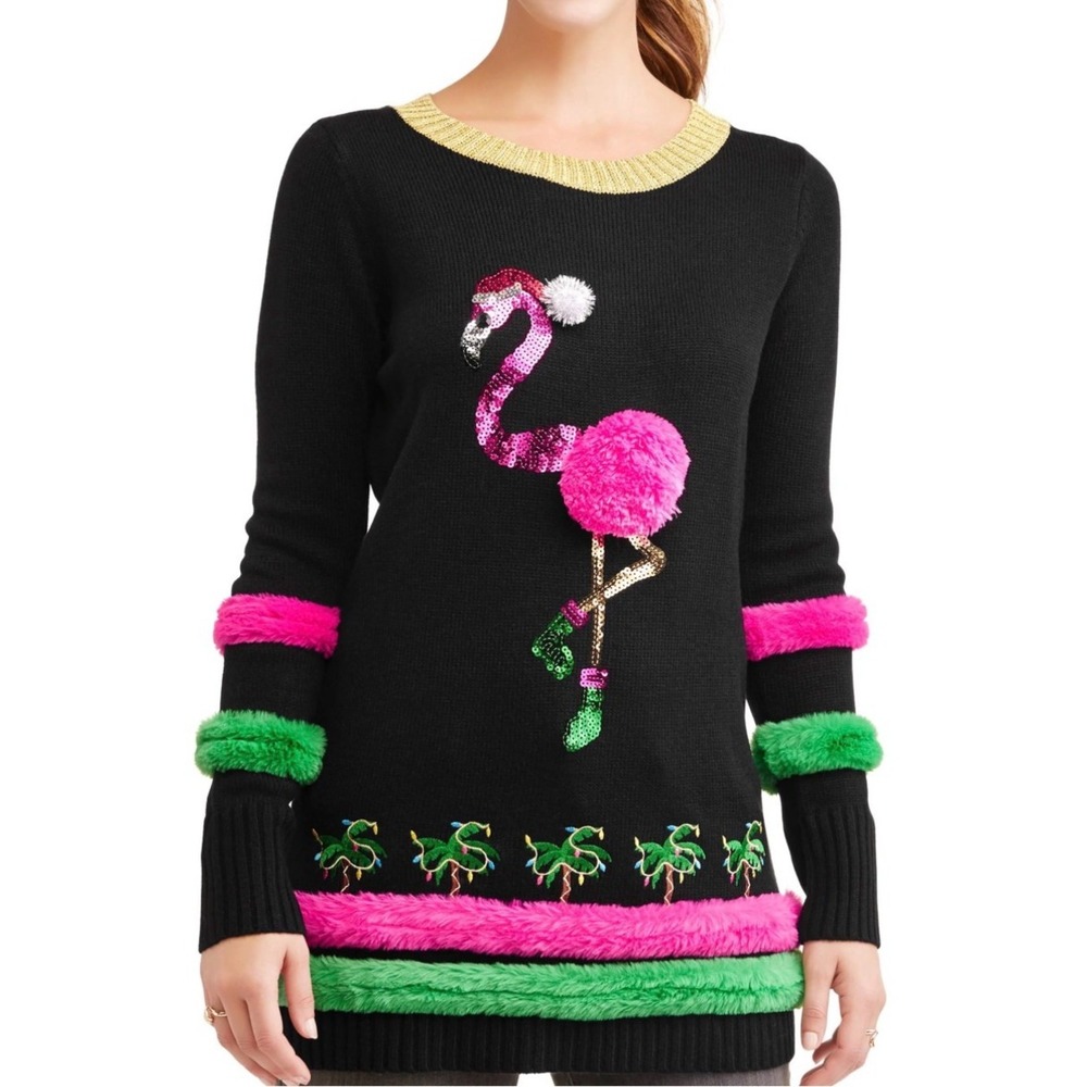 Black Crewneck Sweater with Pink Flamingo Appliqué and Green Trim